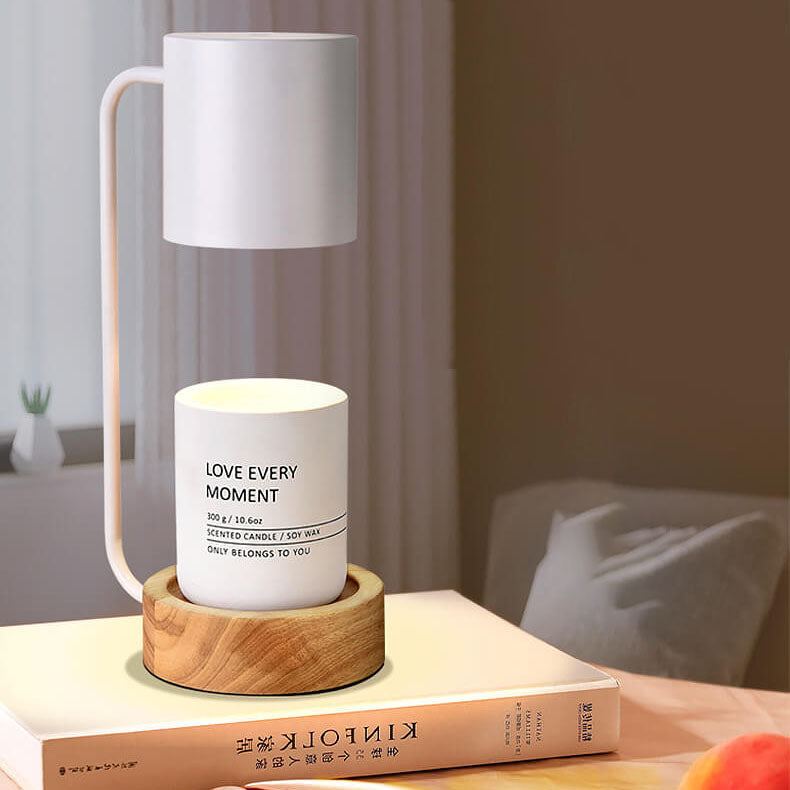 Japanische minimalistische dimmbare Tischlampe mit Holzsockel und Kerzenwärmer