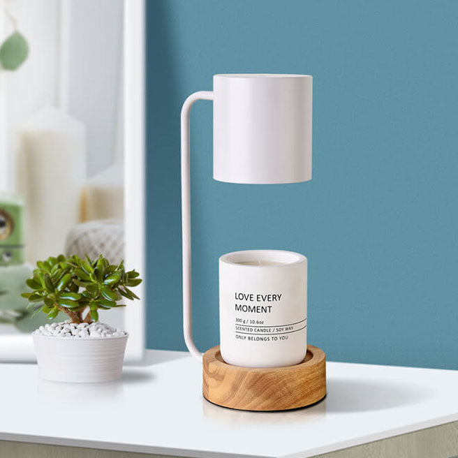 Japanisch-minimalistische Tischlampe aus Holz und Metall mit Kerzenwärmer