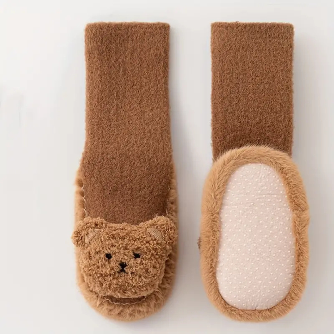 Bløde plyssokker til børn med bjørnedesign og slip-on-pasform