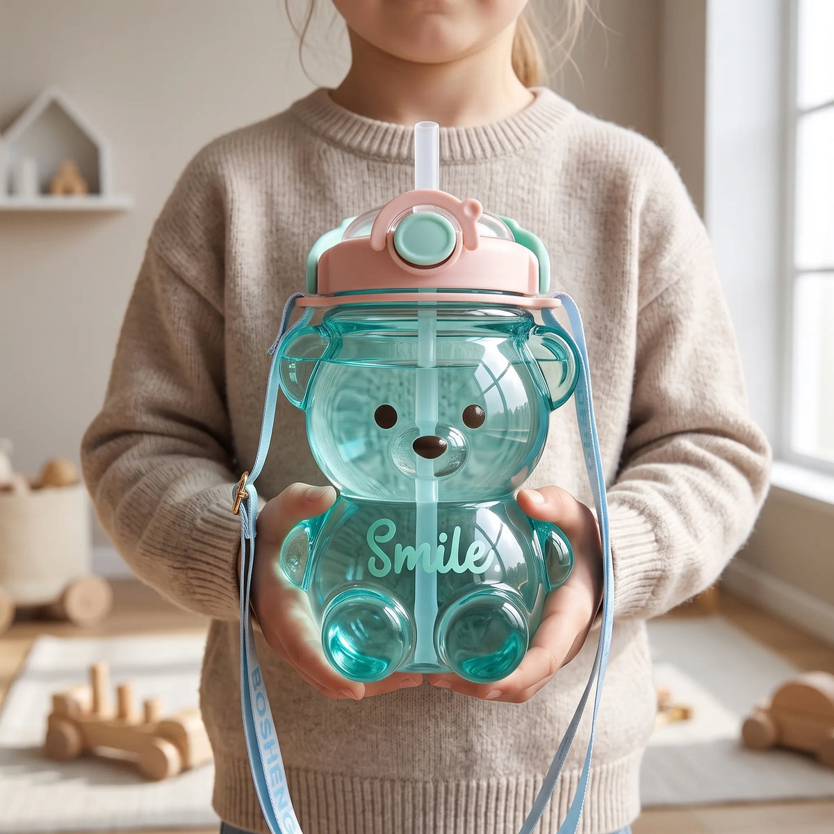 Verspielte transparente Kinder-Trinkflasche in Bärenform mit Tragegurt