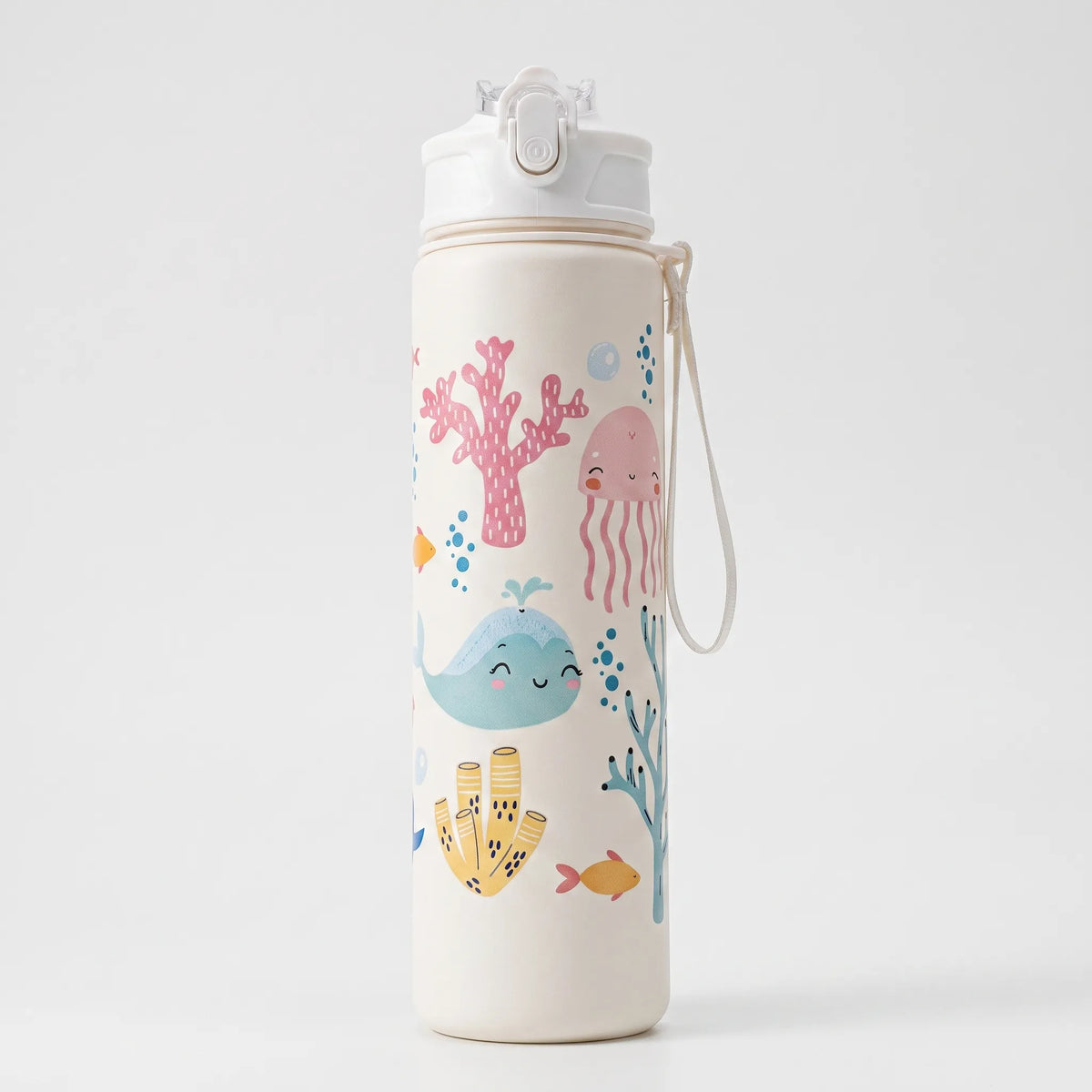 Trinkflasche mit Cartoon-Aufdruck, Druckknopf, Klappverschluss und Strohhalm