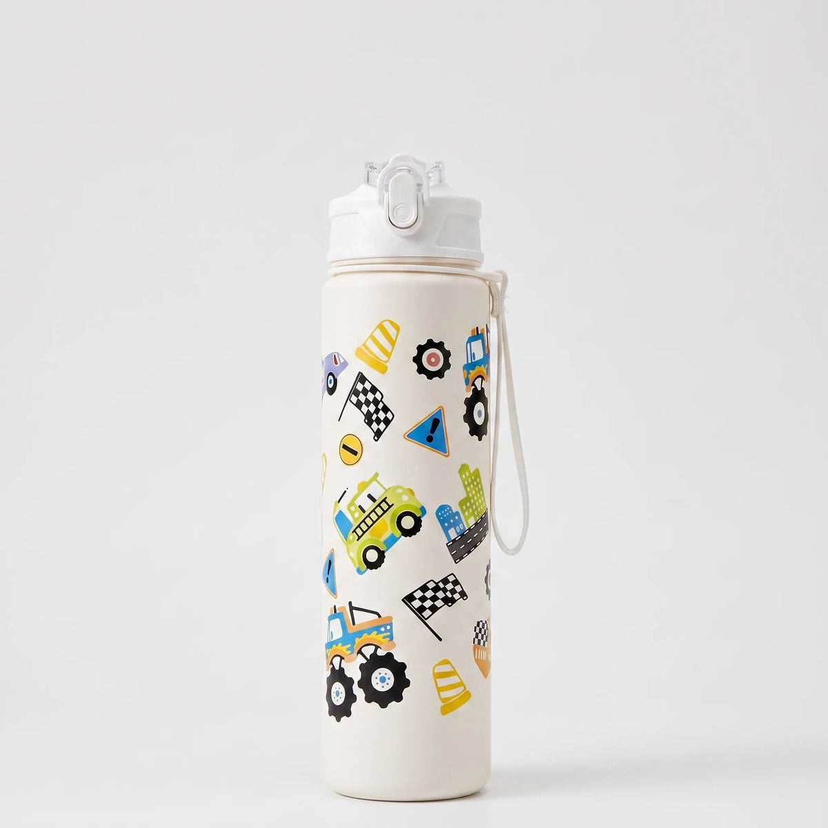Trinkflasche mit Cartoon-Aufdruck, Druckknopf, Klappverschluss und Strohhalm