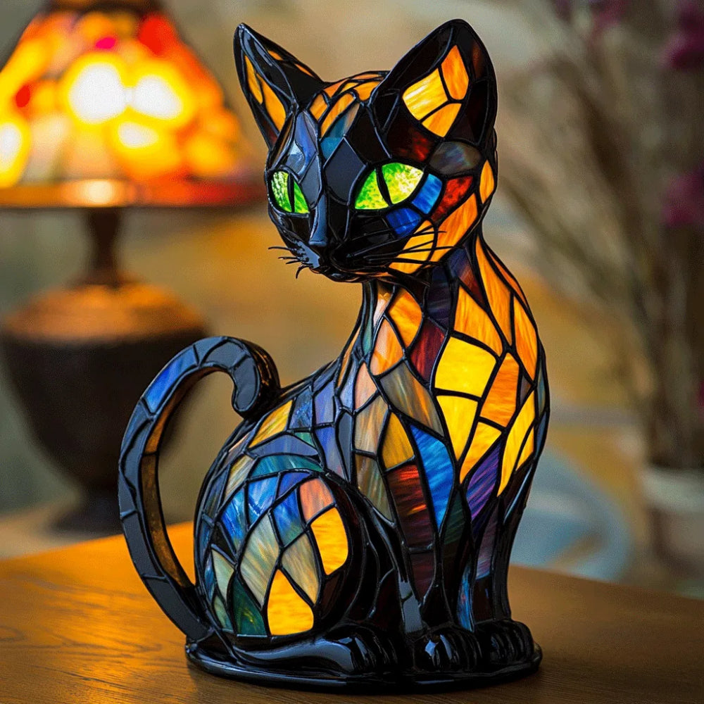 Nachttischlampe aus Harz mit Katzenfigur, stimmungsvollem Licht und Buntglasoptik