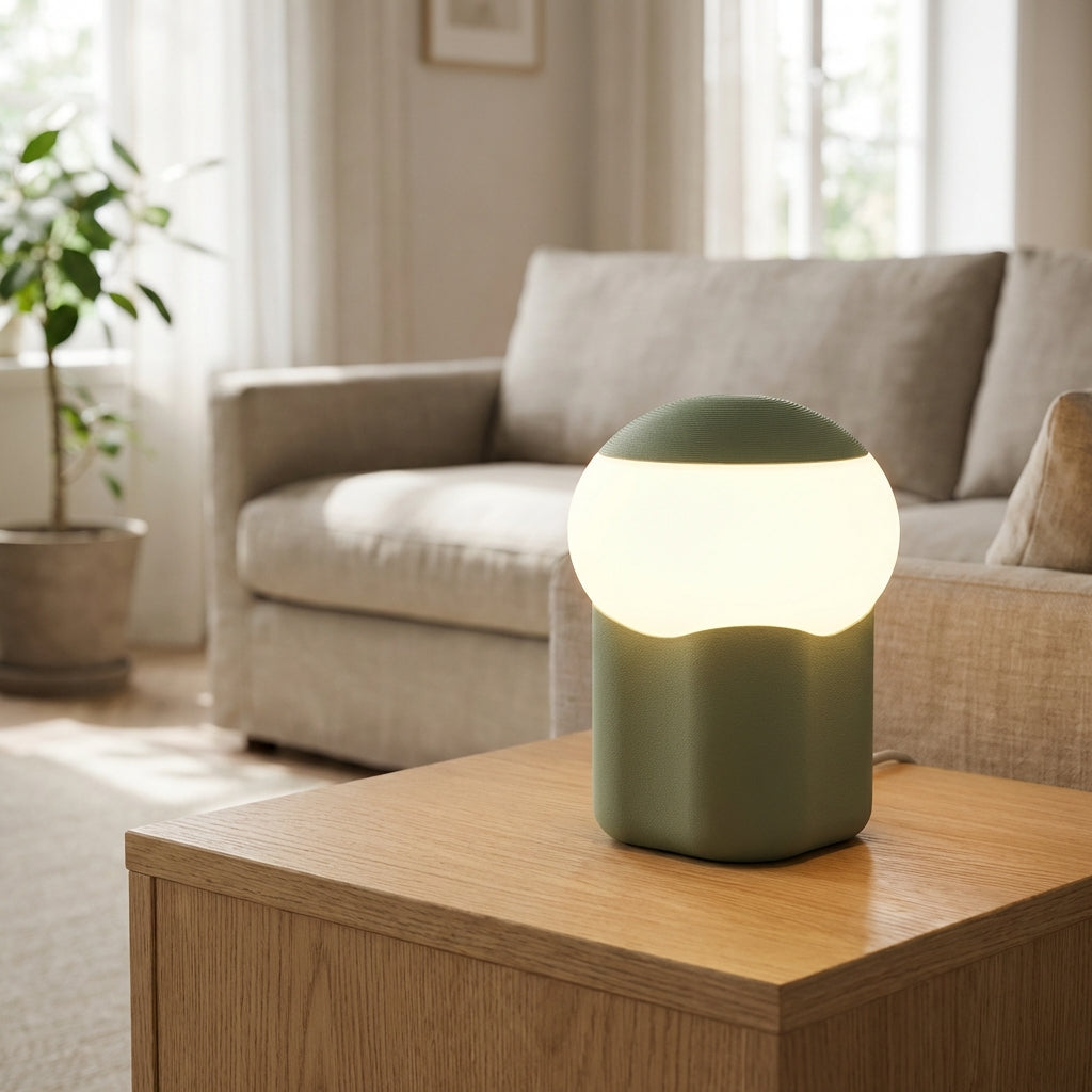 Minimalistische kompakte Tischlampe in Pilzform mit beschwertem Fuß