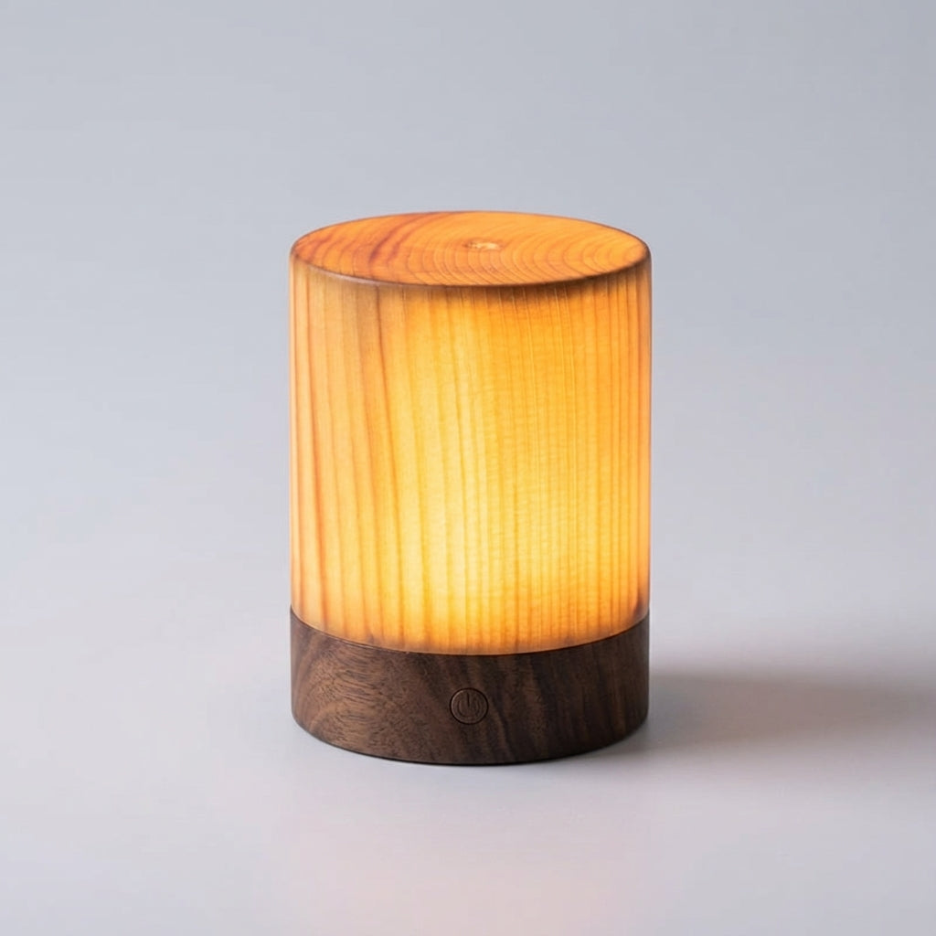 Kompakte zylindrische kabellose Tischlampe mit Holzmaserung, Akku, Touch-Steuerung und Dimmfunktion
