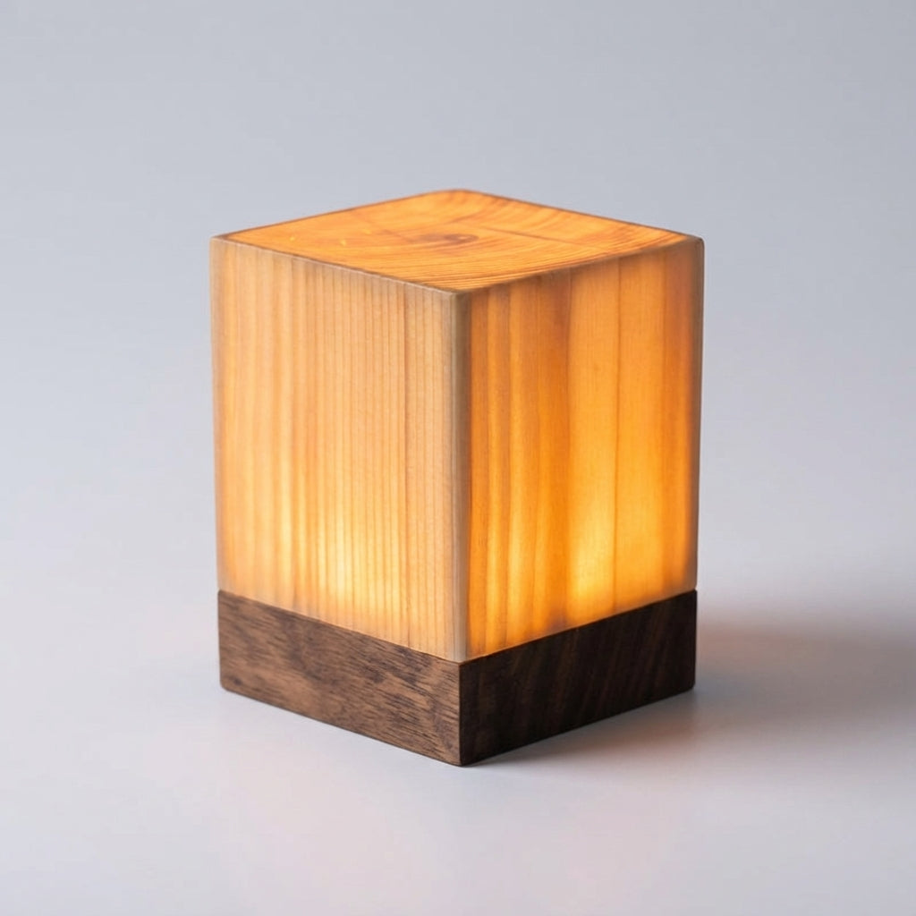 Kompakte zylindrische kabellose Tischlampe mit Holzmaserung, Akku, Touch-Steuerung und Dimmfunktion