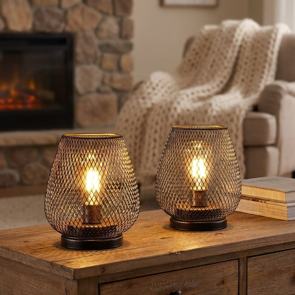 Kabellose Mesh-Lampenschirm-Tischlampen-Set mit Batteriebetrieb und stimmungsvollem Licht