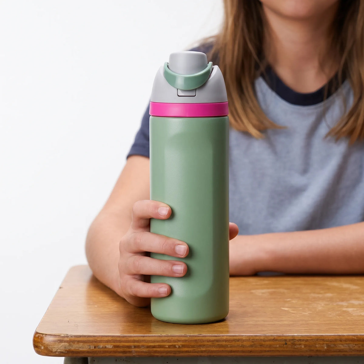 Zylindrische isolierte Wasserflasche aus Edelstahl mit Klappverschluss und zwei Ausgießöffnungen