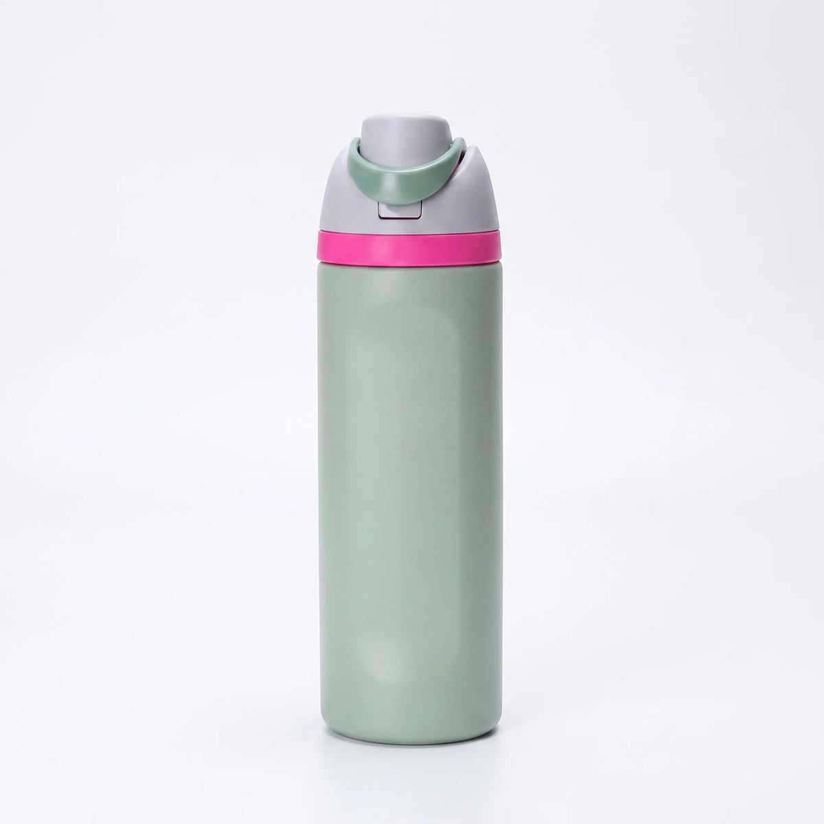 Zylindrische isolierte Wasserflasche aus Edelstahl mit Klappverschluss und zwei Ausgießöffnungen