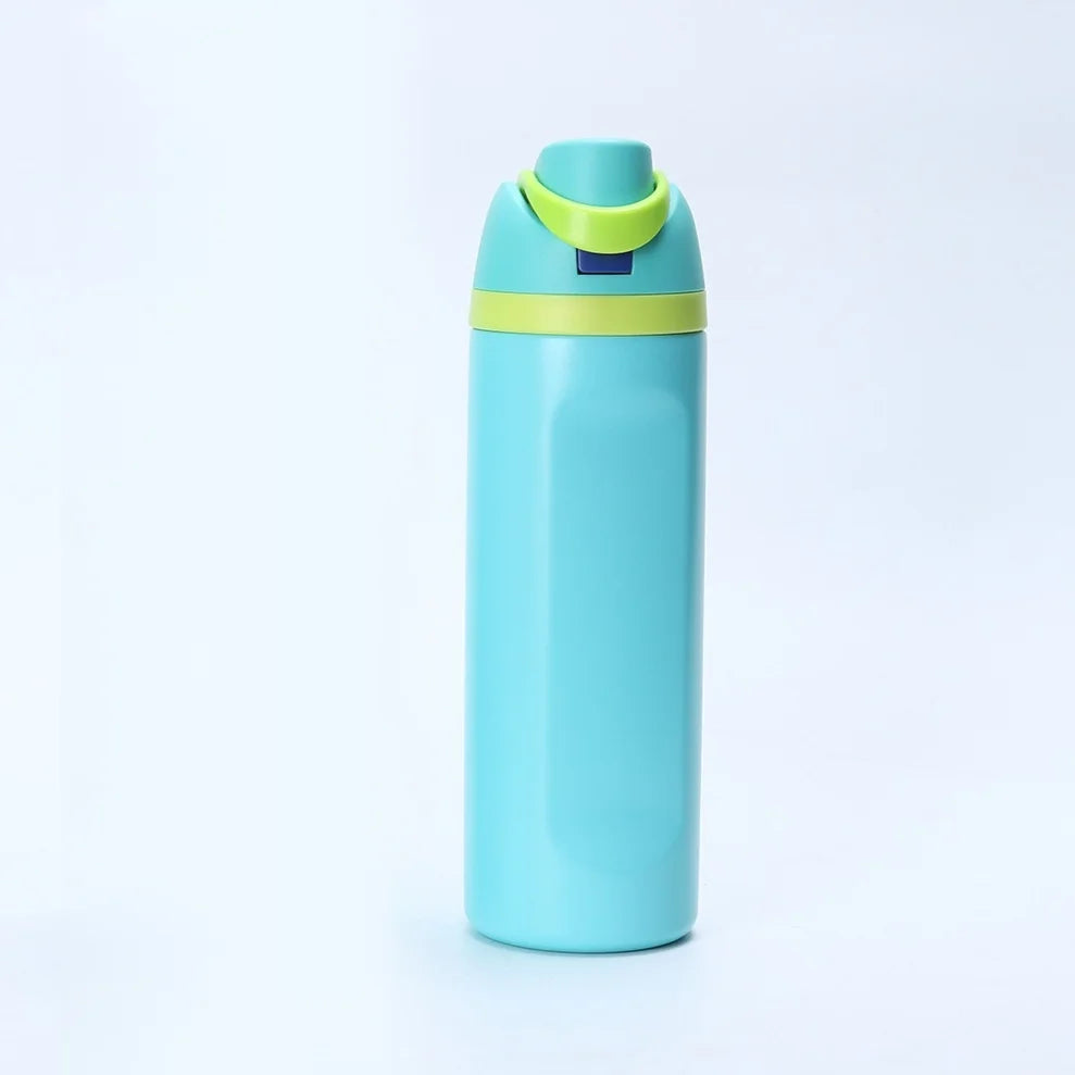 Zylindrische isolierte Wasserflasche aus Edelstahl mit Klappverschluss und zwei Ausgießöffnungen