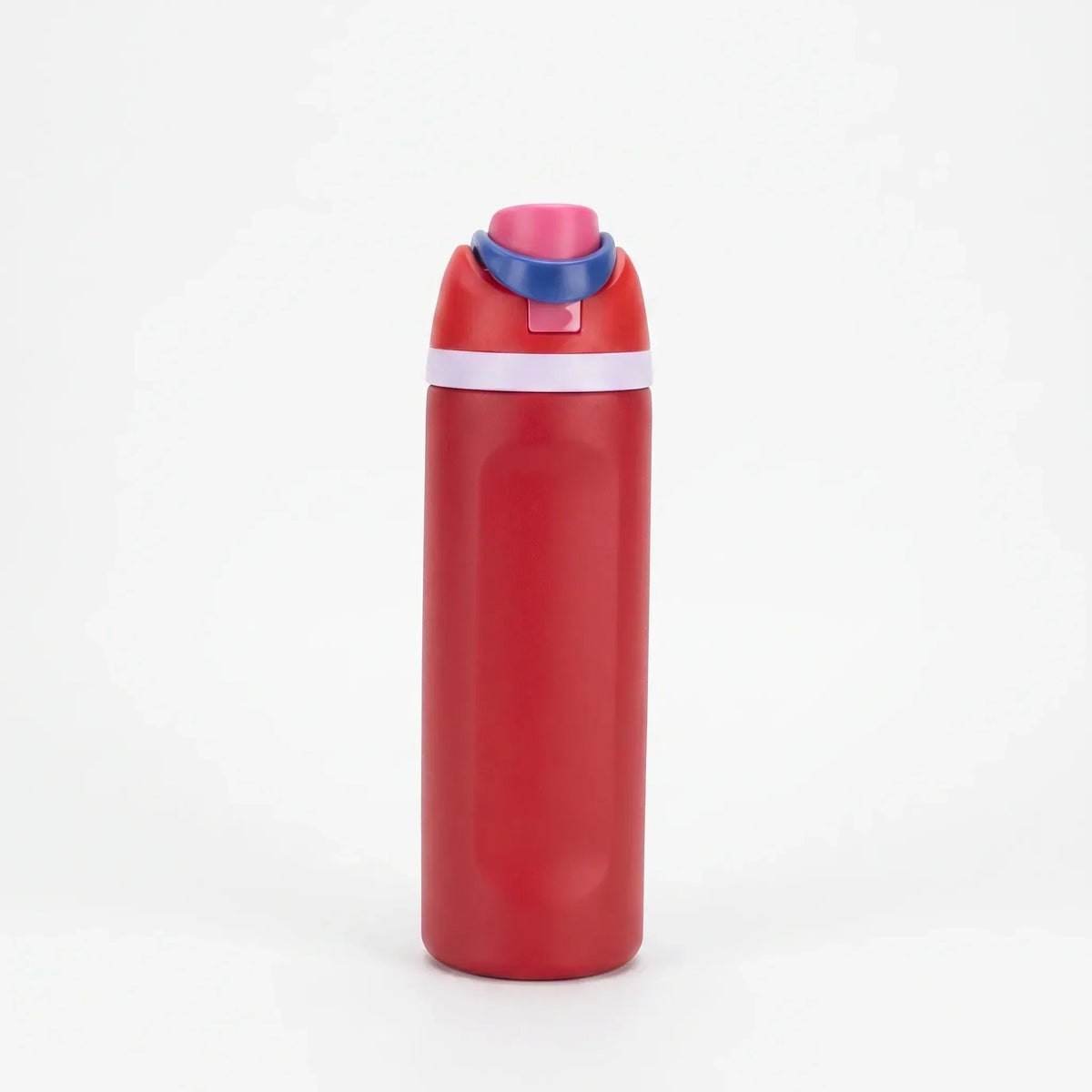 Zylindrische isolierte Wasserflasche aus Edelstahl mit Klappverschluss und zwei Ausgießöffnungen