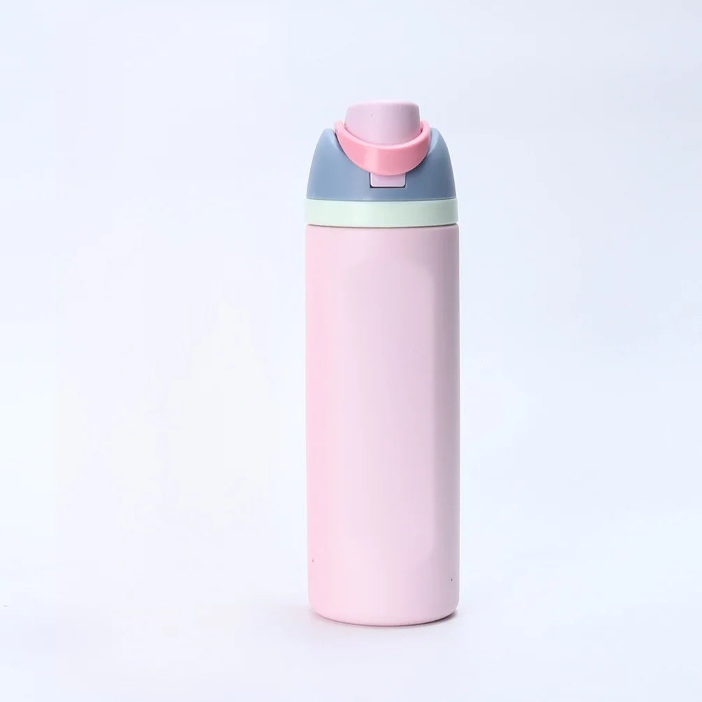 Zylindrische isolierte Wasserflasche aus Edelstahl mit Klappverschluss und zwei Ausgießöffnungen