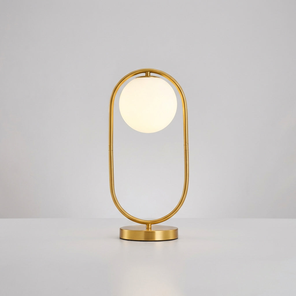 Skulpturale dimmbare Tischlampe mit Ring-Silhouette und hängender Glaskugel