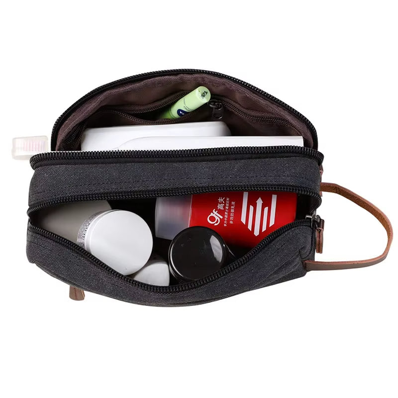 Wasserdichte Kulturbeuteltasche aus Canvas mit zwei Fächern und Kunstledergriff