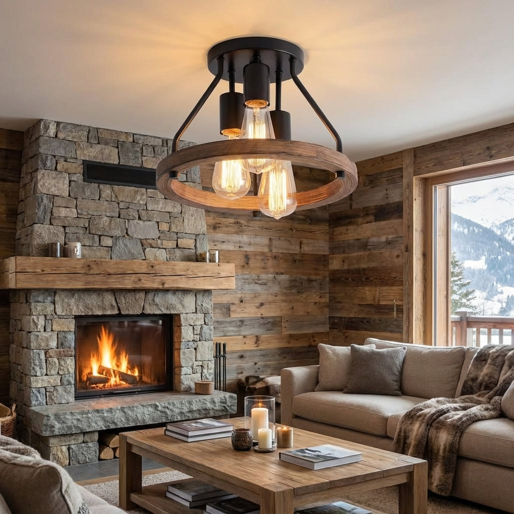 Rustikale Deckenleuchte aus Holz und Metall mit halbbündiger Montage