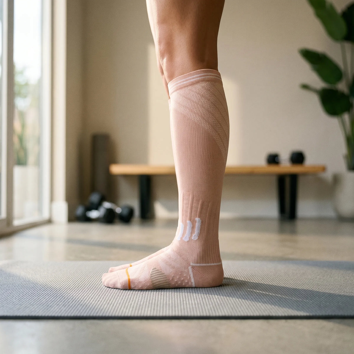 Knæhøje kompressionsstrømper med struktureret strik og ribbet panel