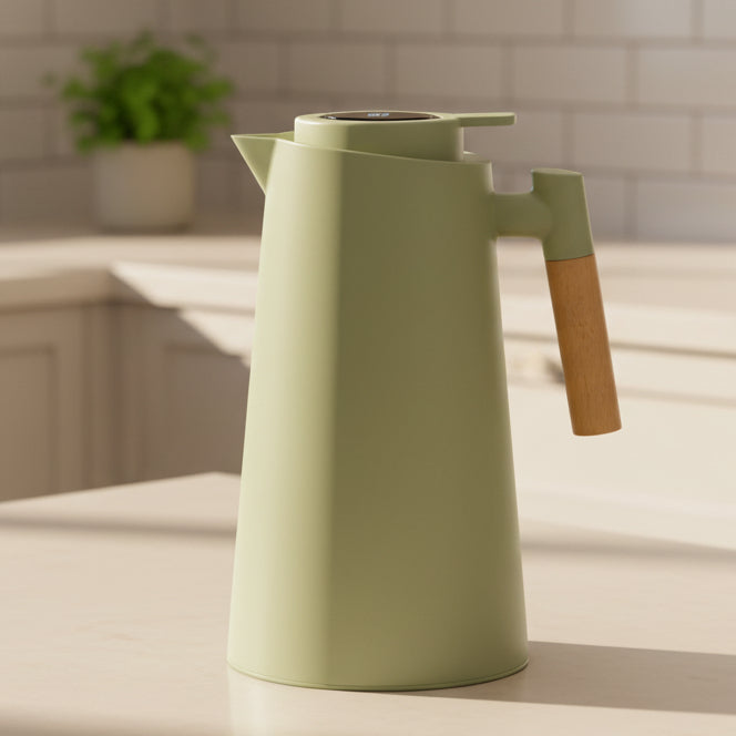 Doppelwandige Edelstahl-Trinkflasche mit Holzgriff und Temperaturanzeige