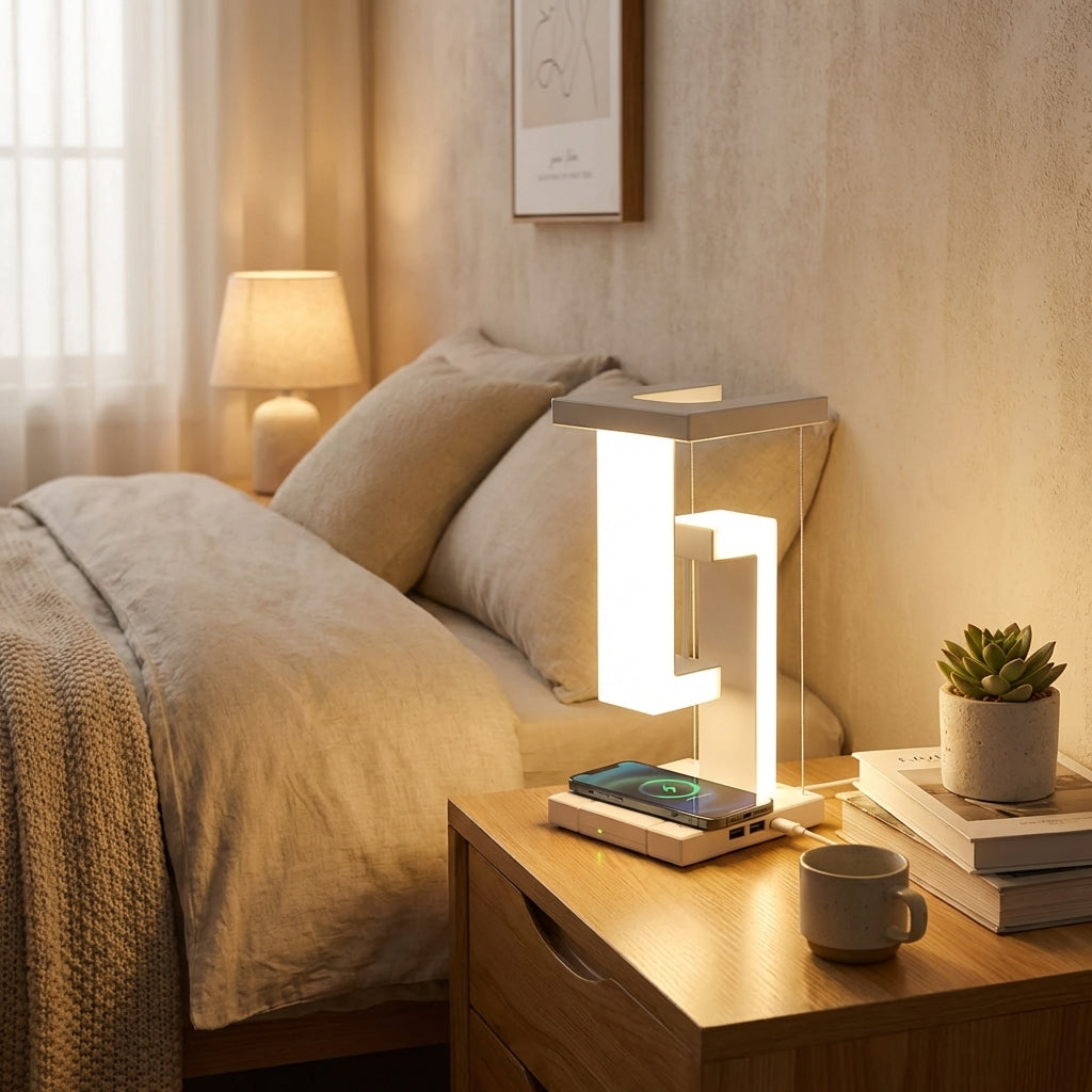 Futuristische kabellose Tischlampe mit schwebendem Leuchteffekt und Ladefunktion