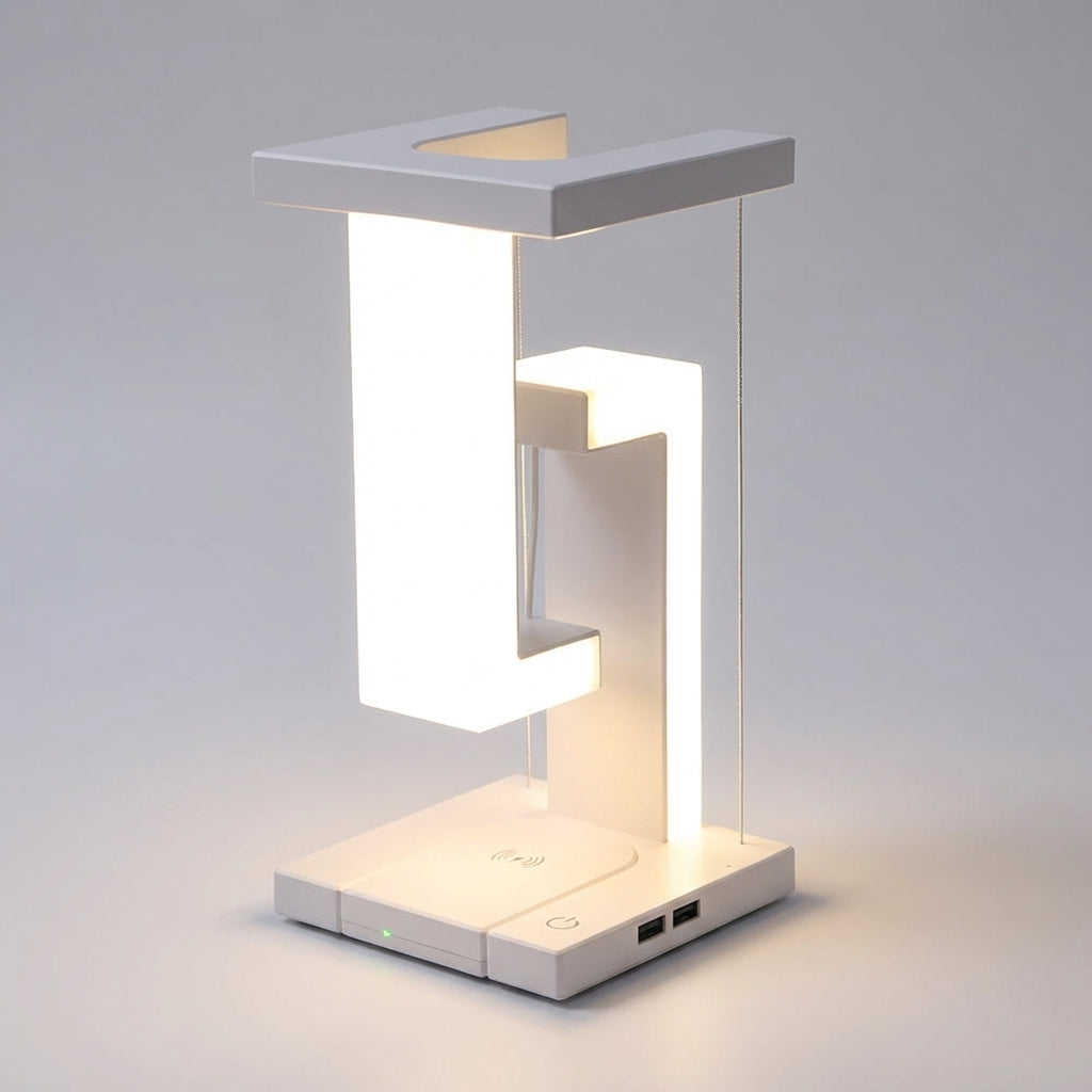 Futuristische kabellose Tischlampe mit schwebendem Leuchteffekt und Ladefunktion