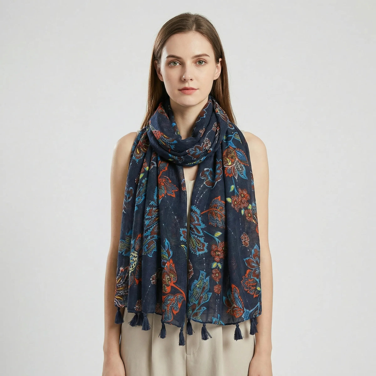 Boho-tørklæde til kvinder med blomsterprint, frynser og let sjaldesign