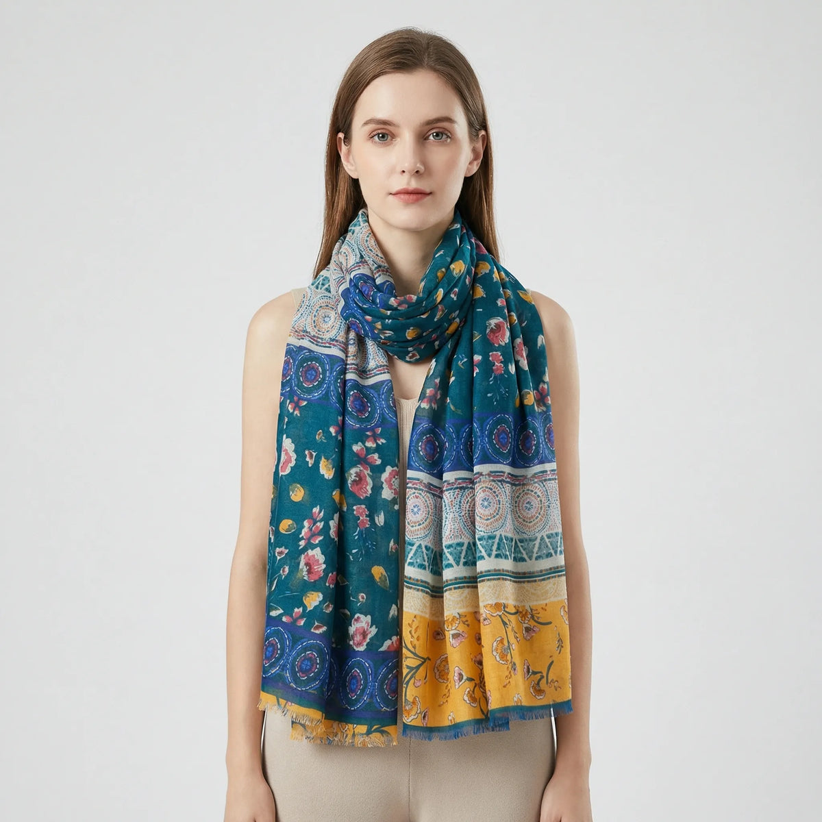 Boho-tørklæde til kvinder med blomsterprint, frynser og let sjaldesign