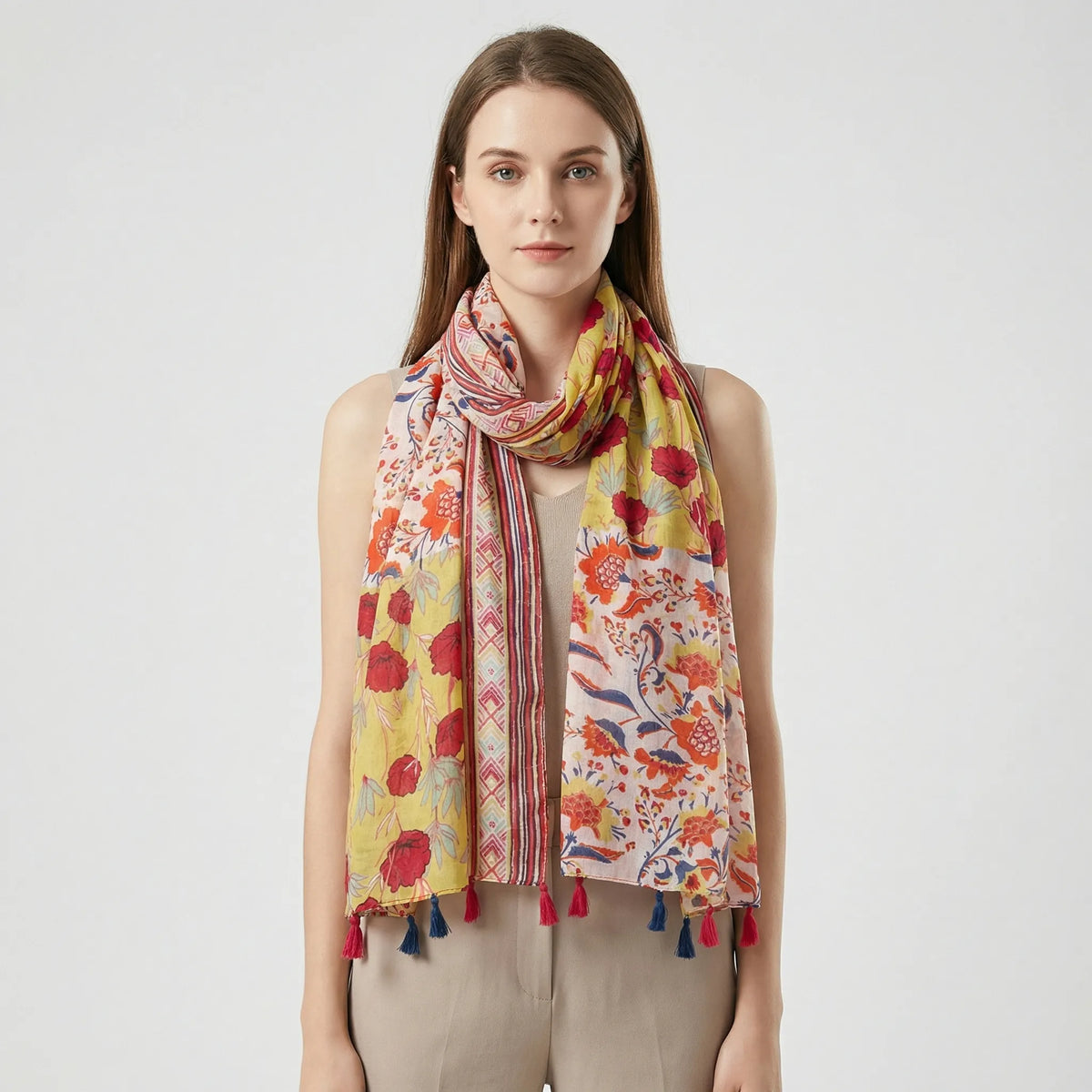 Boho-tørklæde til kvinder med blomsterprint, frynser og let sjaldesign