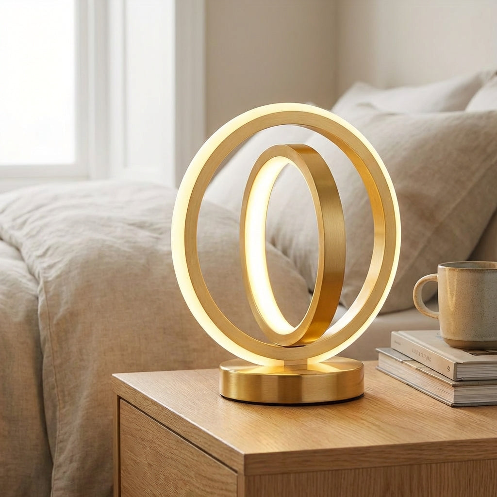 Kompakte USB-Tischlampe mit kreisförmiger Ringsilhouette, Dimmer und Standfuß