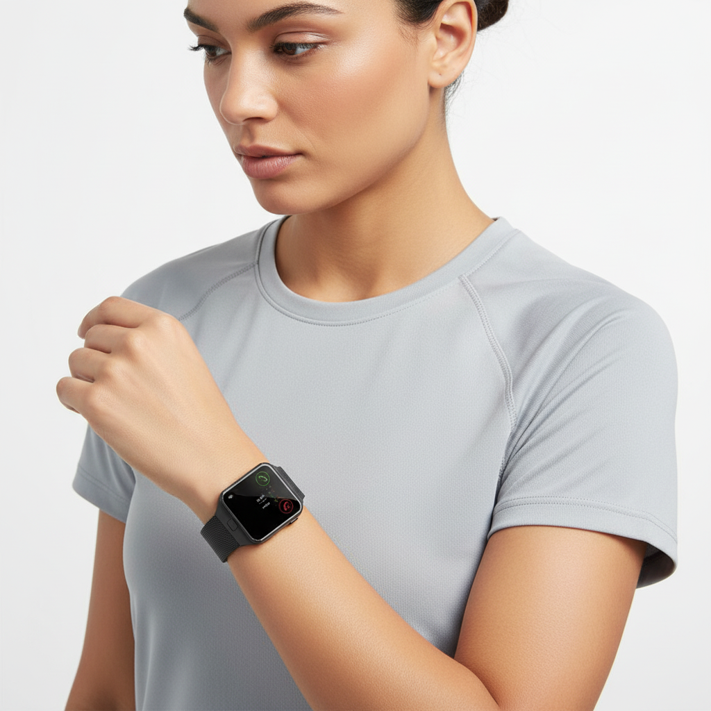 Rechteckige Smartwatch mit Touchscreen, Anrufannahme und Silikonarmband