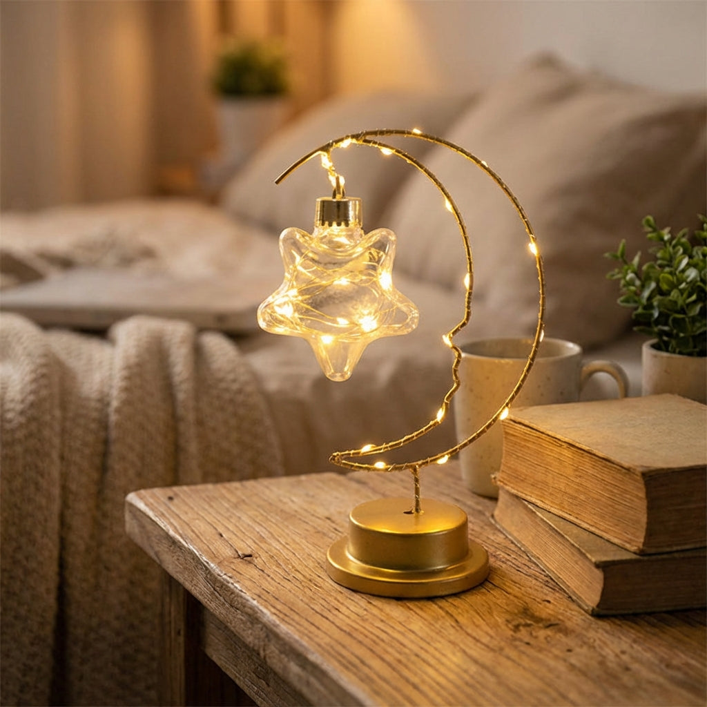 Dimmbare Hängetischlampe mit geschwungener Mondsilhouette und gläsernem Stern