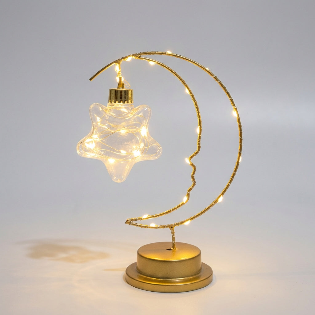 Dimmbare Hängetischlampe mit geschwungener Mondsilhouette und gläsernem Stern
