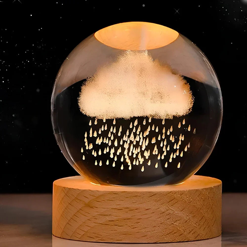 Nachtlicht und Tischlampe mit gravierter Kristallkugel in Planetenform