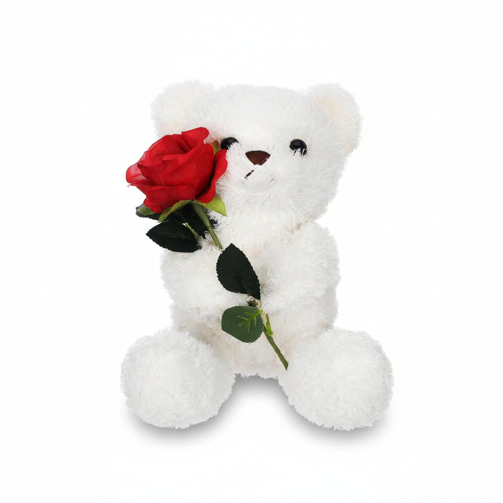 Kuscheliges Plüsch-Stofftier als Geschenk: Teddybär mit Rose