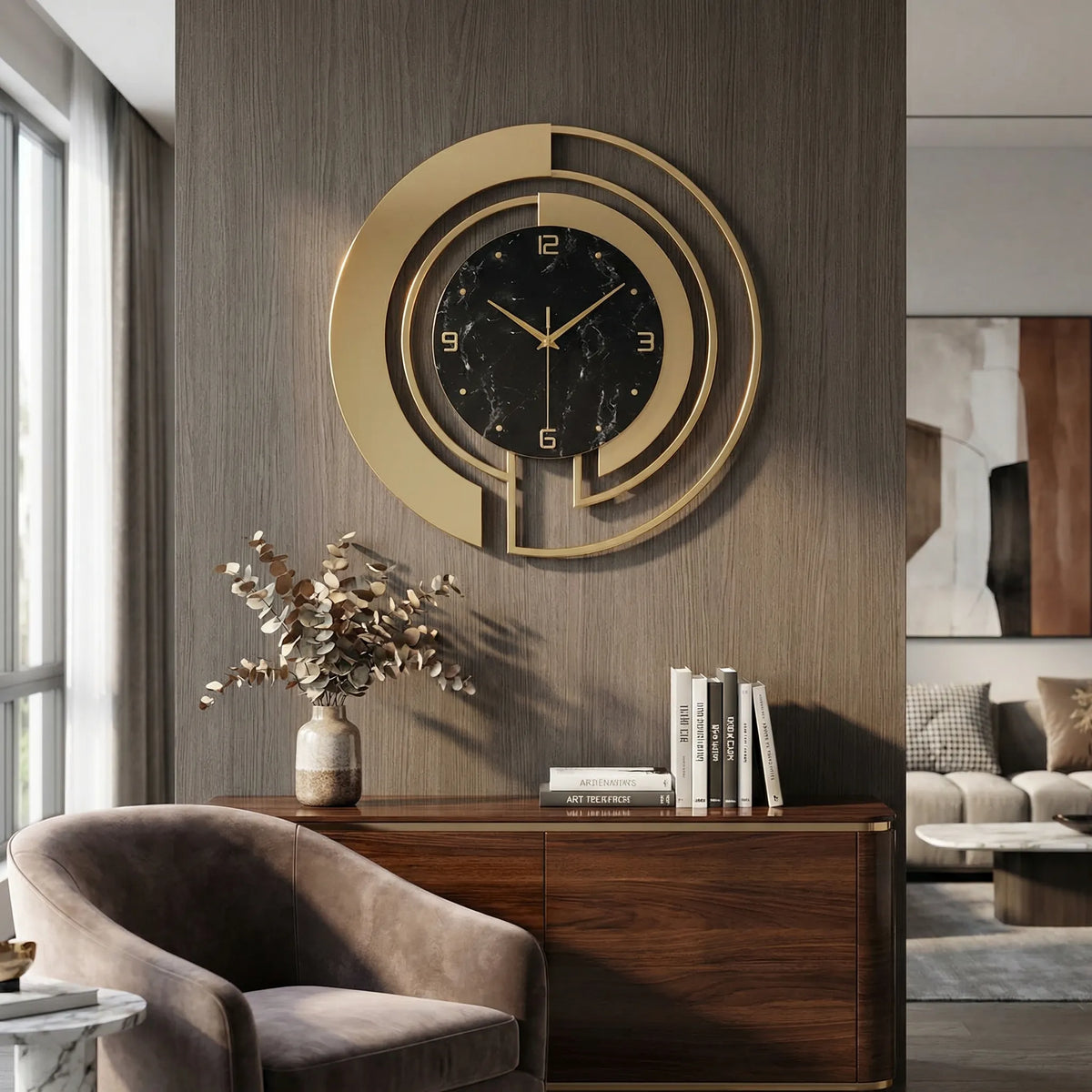 Runde Wanduhr mit geschichtetem Ringrahmen und marmoriertem Zifferblatt