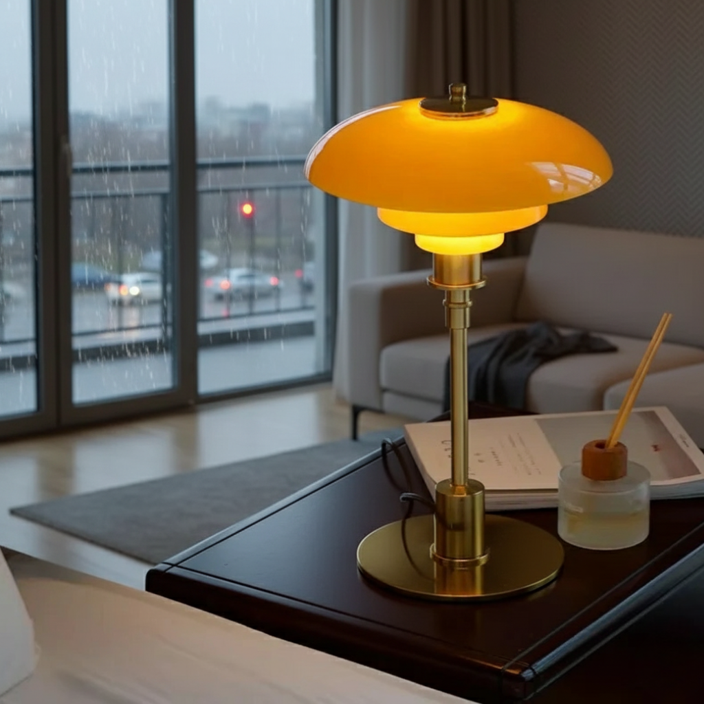 Skandinavische Nachttischlampe aus transparentem Glas mit Metallfuß
