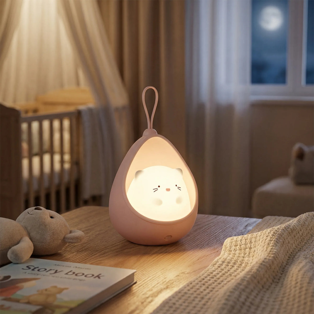 Tragbare Nachttischlampe für Kinder mit tropfenförmigem Katzenmotiv