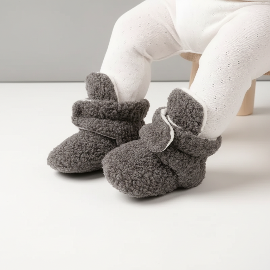 Bløde hjemmeskossokker til småbørn i teddystof med skridsikker sål og justerbar ankelrem