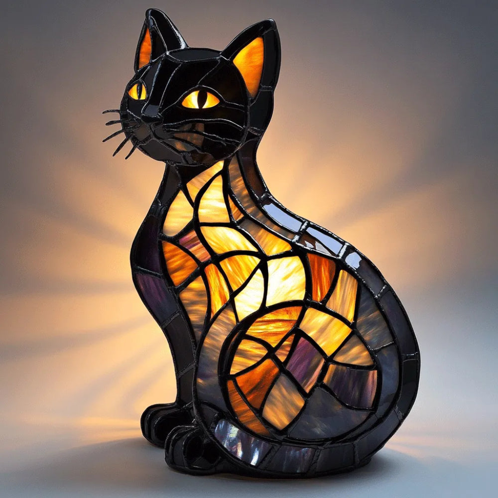 Tischlampe und Nachtlicht mit Katzenfigur im Buntglasstil