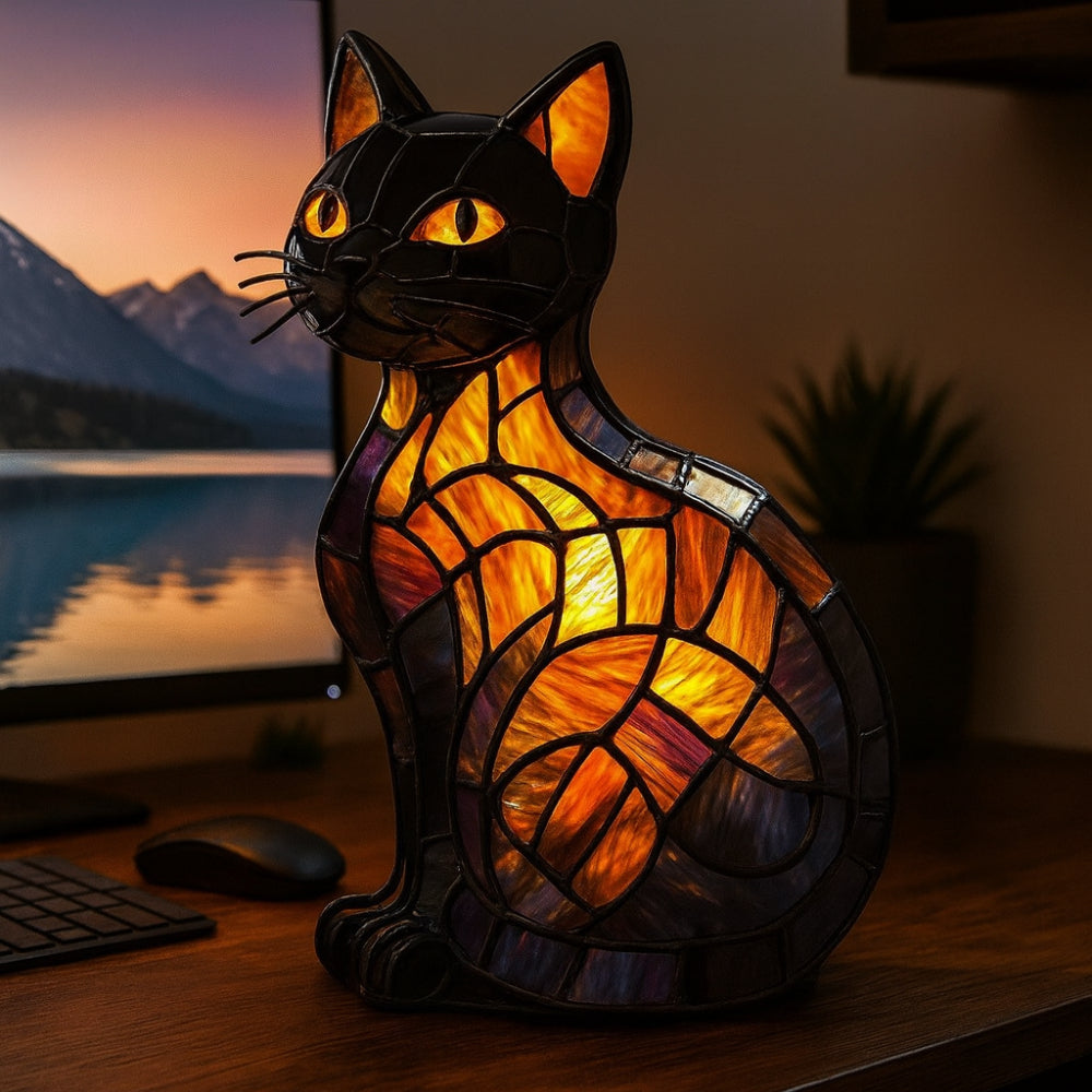 Tischlampe und Nachtlicht mit Katzenfigur im Buntglasstil
