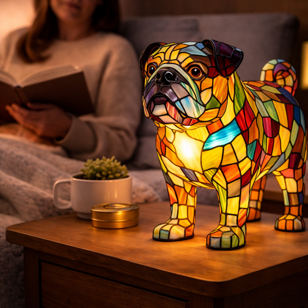 Dekorative Tier-Tischlampe mit Hundesilhouette aus Buntglas
