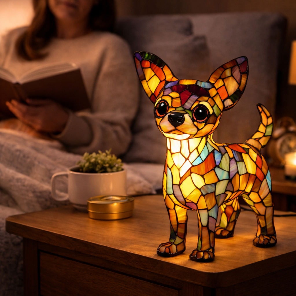 Dekorative Tier-Tischlampe mit Hundesilhouette aus Buntglas