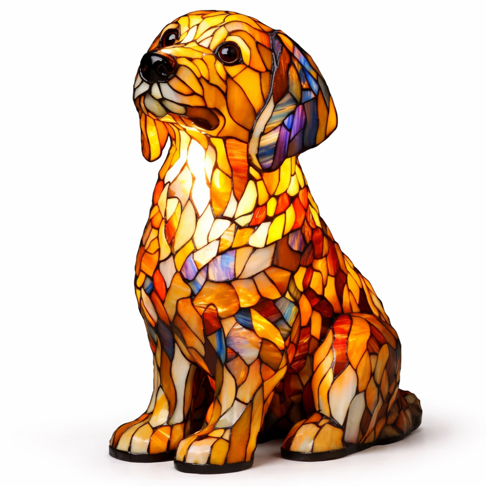 Dekorative Tier-Tischlampe mit Hundesilhouette aus Buntglas