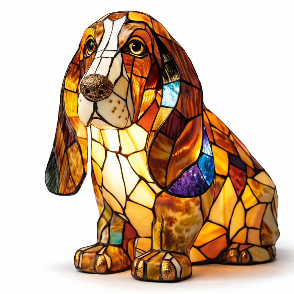 Dekorative Tier-Tischlampe mit Hundesilhouette aus Buntglas