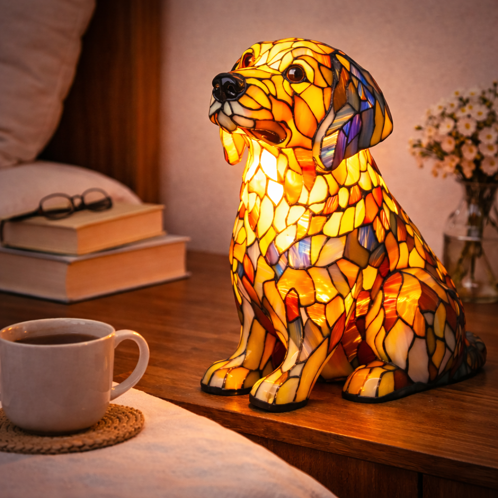 Tischlampe mit Hundemotiv aus Buntglasmosaik