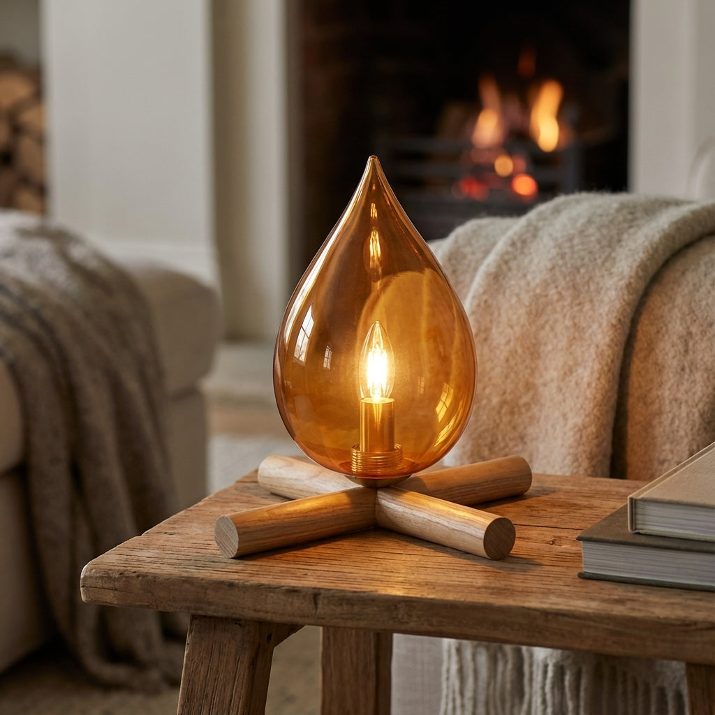 Minimalistische Tischlampe mit tropfenförmigem Glasschirm, Holzsockel und flackerndem Flammenlicht