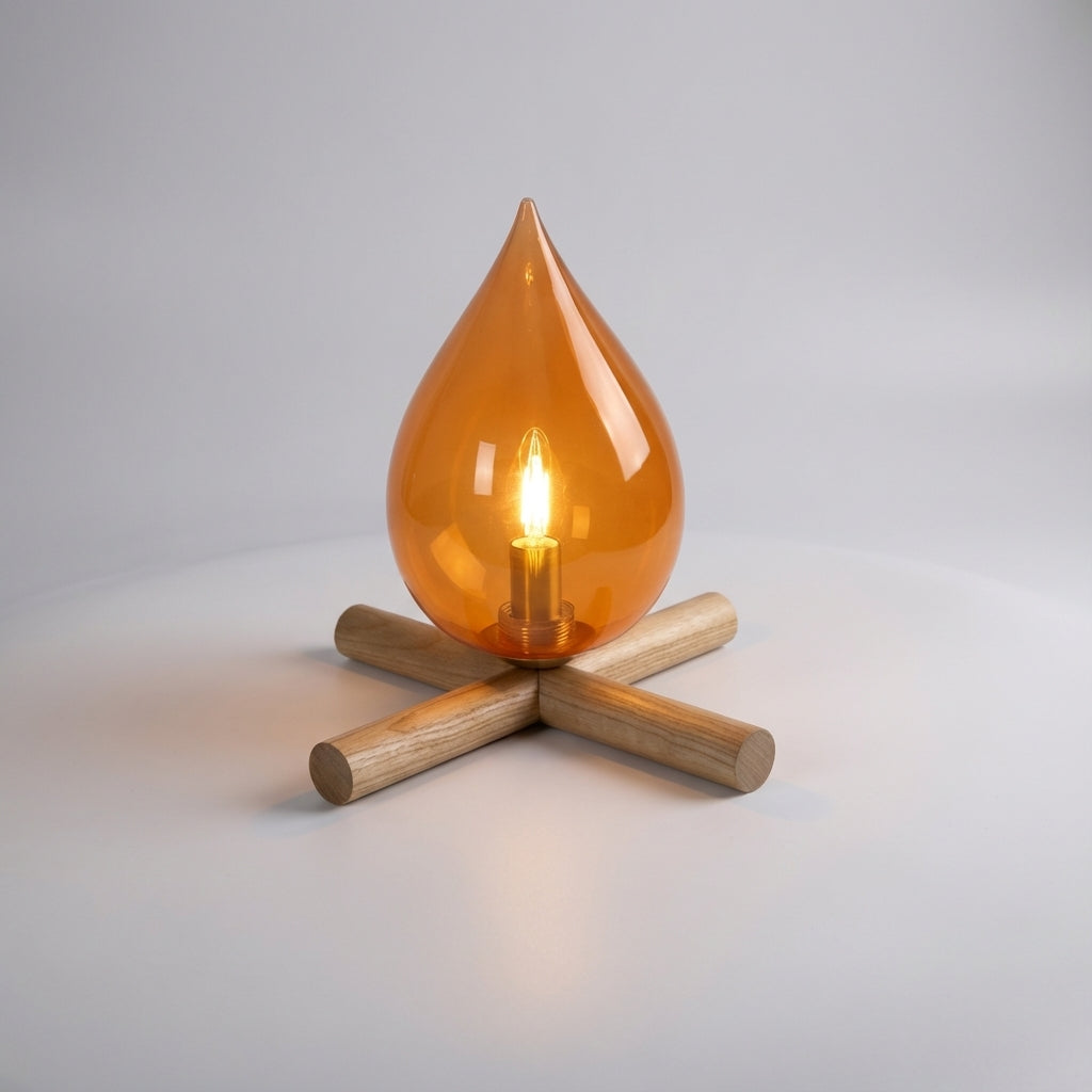 Minimalistische Tischlampe mit tropfenförmigem Glasschirm, Holzsockel und flackerndem Flammenlicht