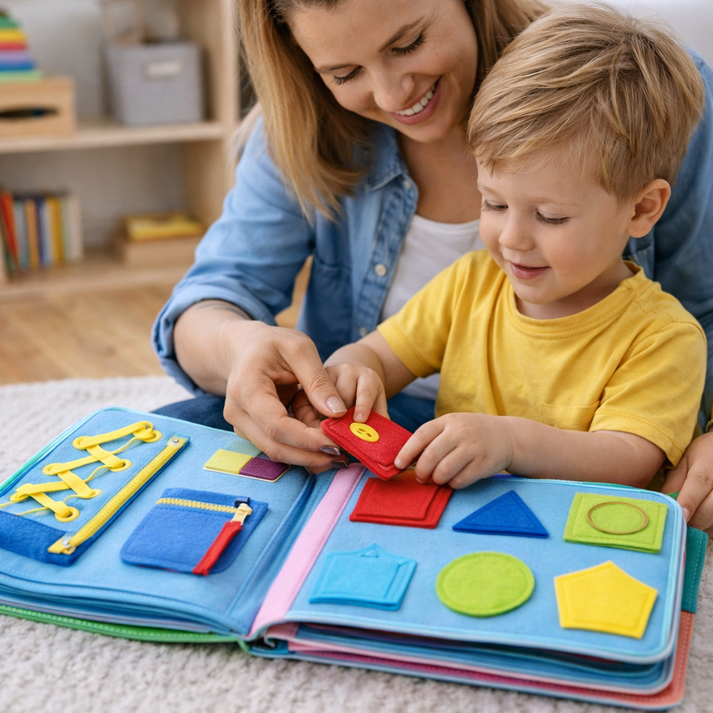 Blød interaktiv Montessori-busy book til skærmfri leg