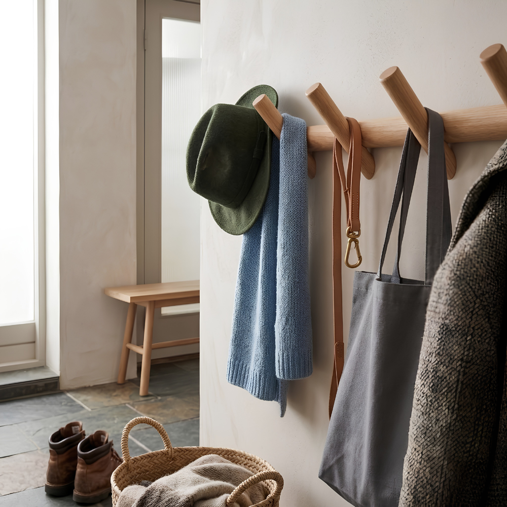 Minimalistische skandinavische Wandgarderobe aus massiver Eiche mit Haken