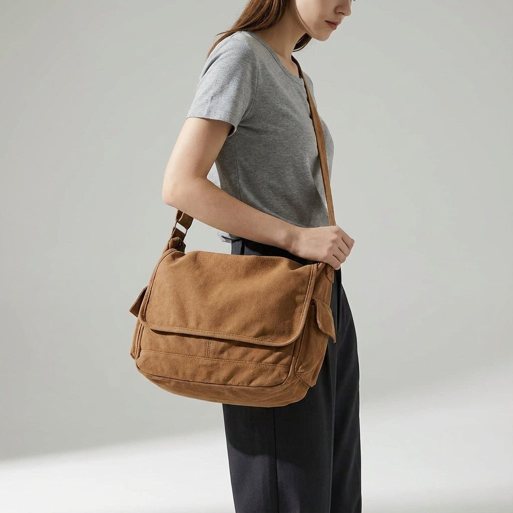 Vintage crossbody-skuldertaske i forstærket bomuldskanvas med justerbar rem