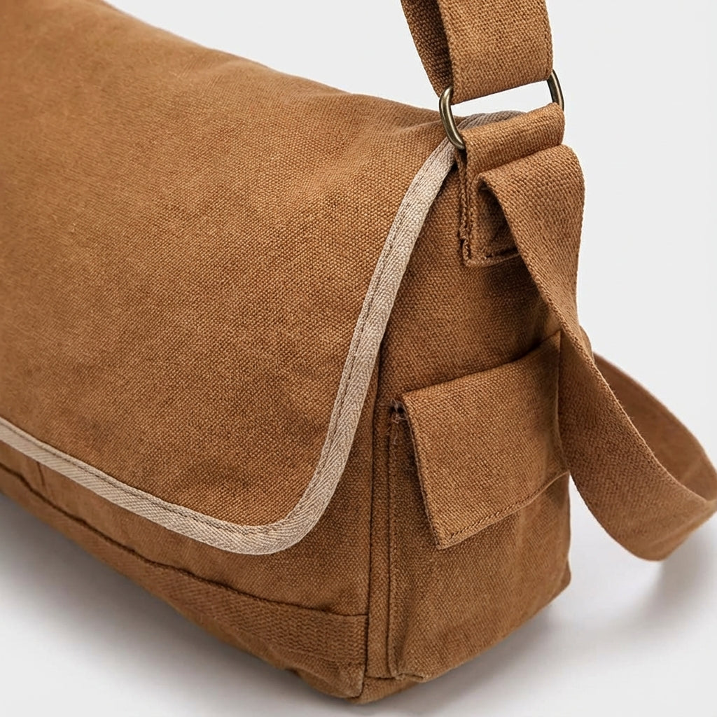 Vintage crossbody-skuldertaske i forstærket bomuldskanvas med justerbar rem