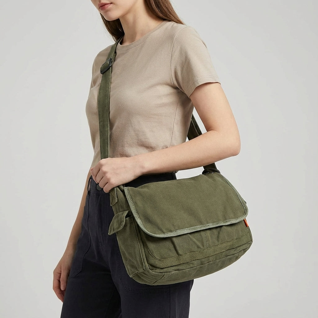 Vintage crossbody-skuldertaske i forstærket bomuldskanvas med justerbar rem